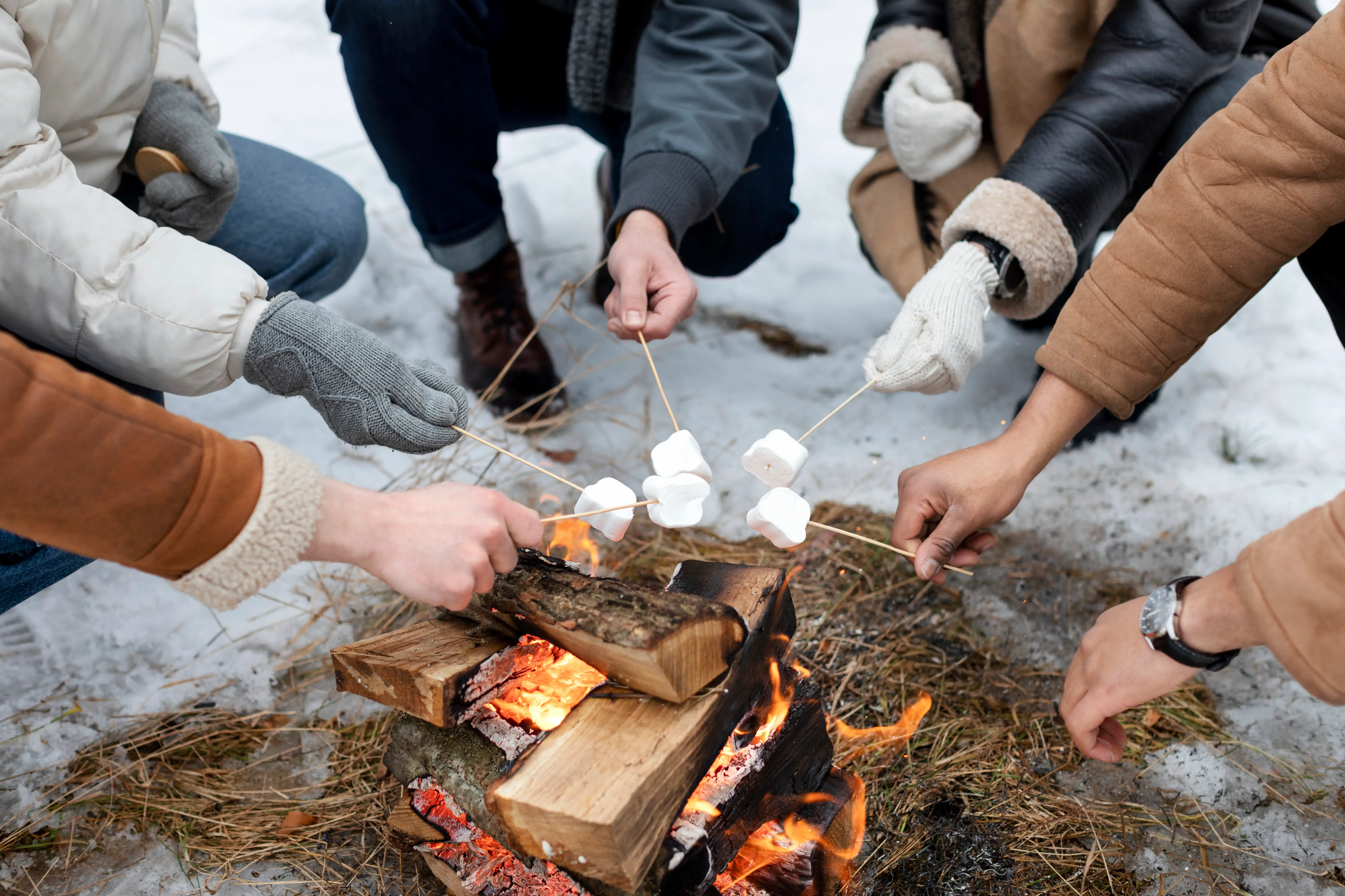 Persone che scaldano marshmallow sul fuoco